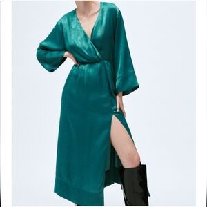 NWT - H&M - Duck Green Teal Satin Faux Wrap Dress - Size Small